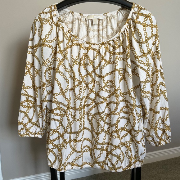 Michael Kors Cotton-Blend Golden Chain-Link Print Pleated Top 3/4 Sleeves - Picture 3 of 13